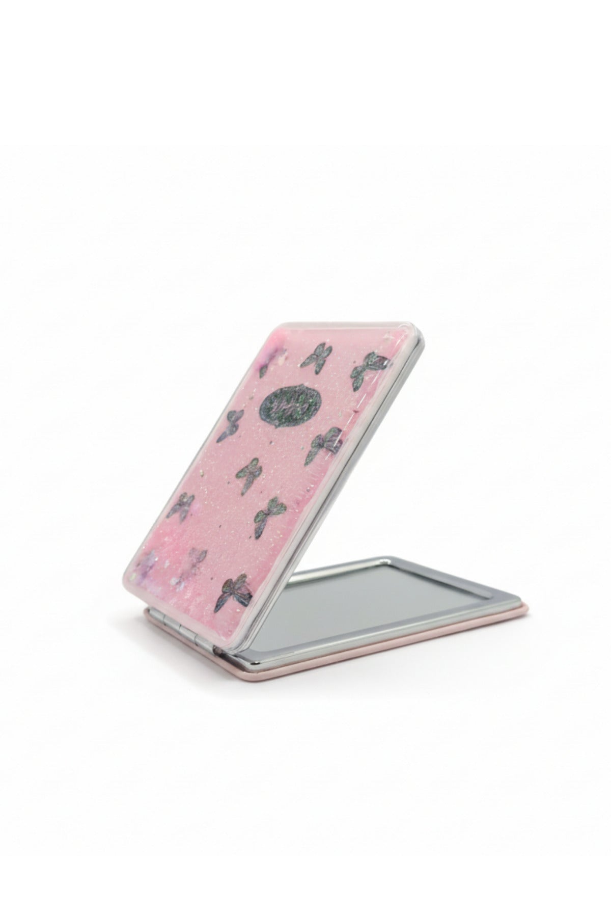 Kelebek Desenli 5x7 Cm Kapaklı Sulu Simli Taşınabilir Cep Makyaj Aynası - Pembe - 1
