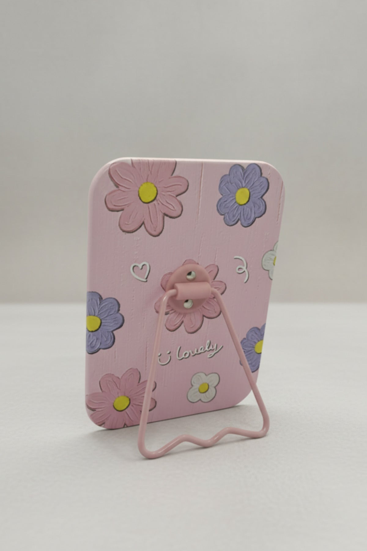 Çiçek Desenli 16x12 Cm Standlı Dekoratif Taşınabilir Masa Makyaj Aynası - Pembe - 3