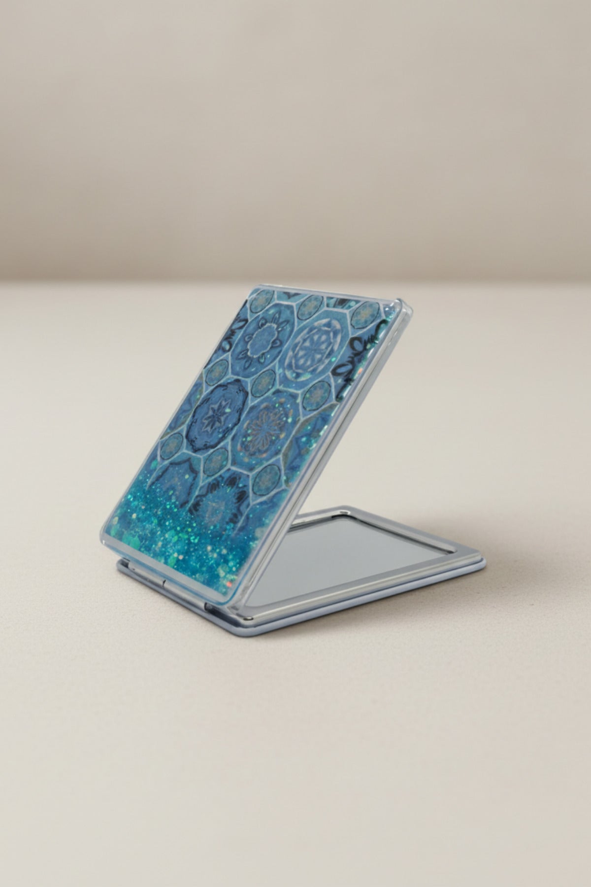 Çini Desenli 5x7 Cm Kapaklı Sulu Simli Taşınabilir Cep Makyaj Aynası - Mavi - 3