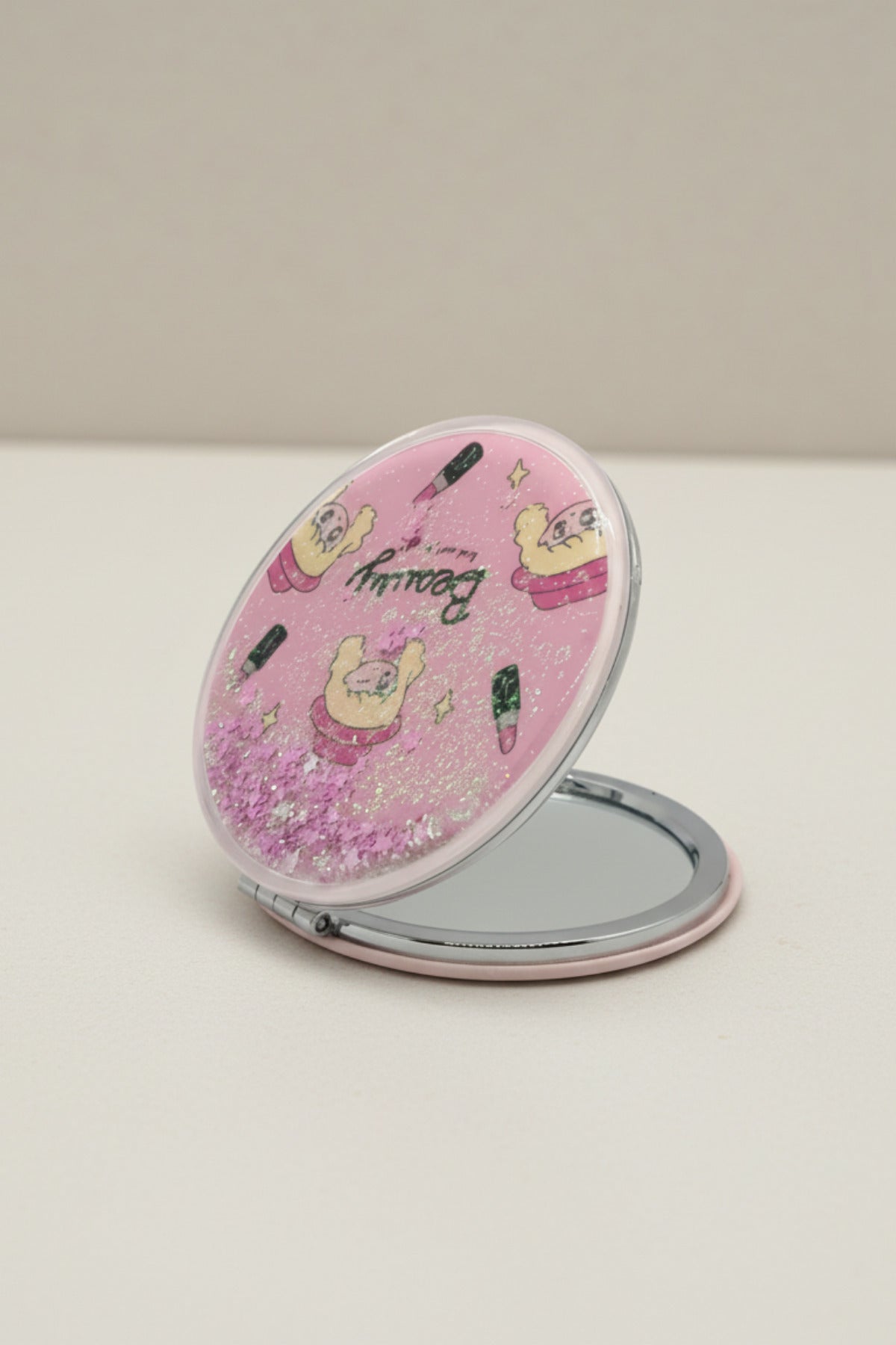 6x6 Cm Yuvarlak Kapaklı Cep Aynası Taşınabilir Makyaj Aynası - Pembe D - 3