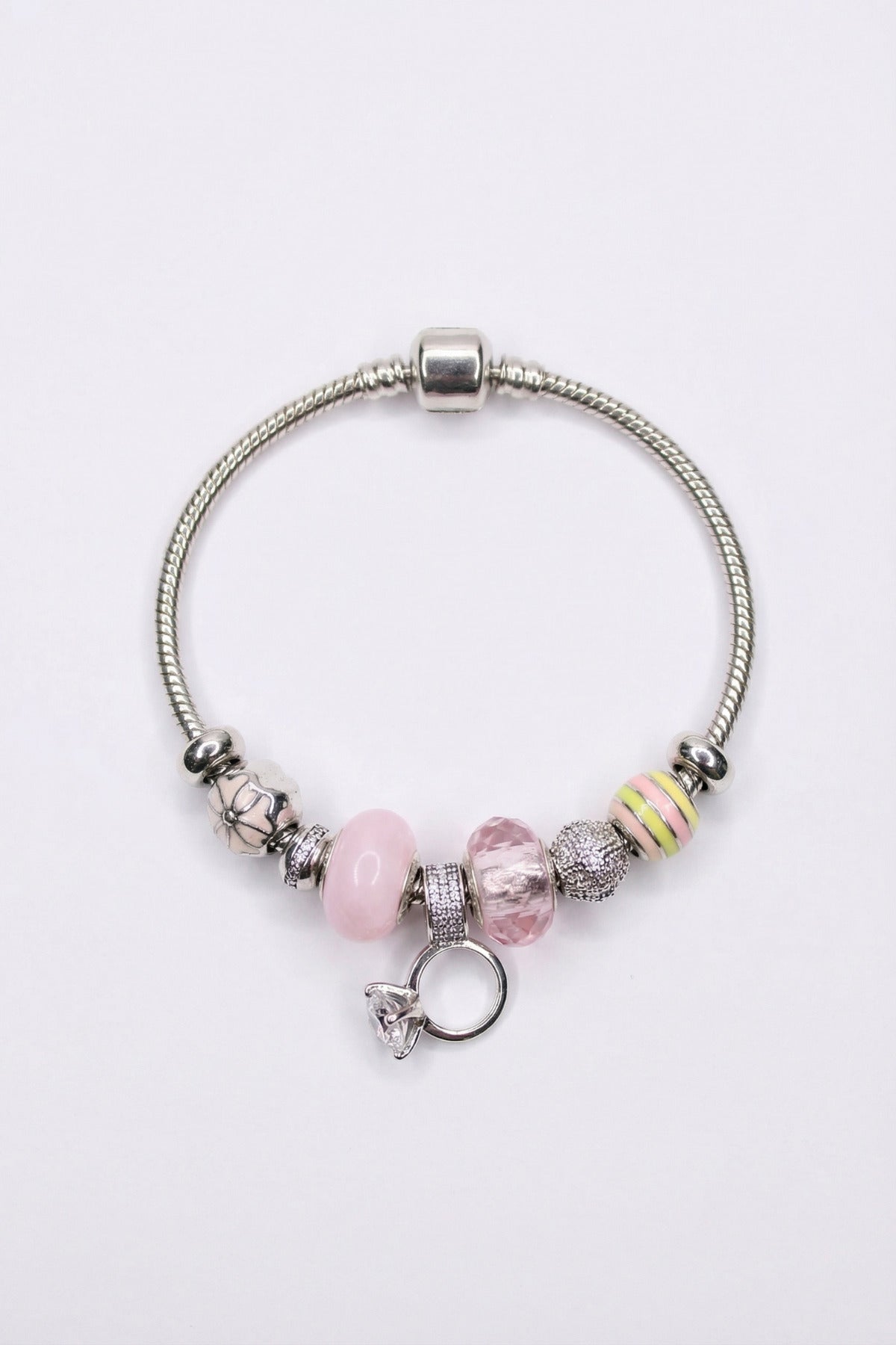 Kadın Rodyum Kaplama Çelik Charm Bileklik Pembe Taş Detaylı - Gümüş - 2