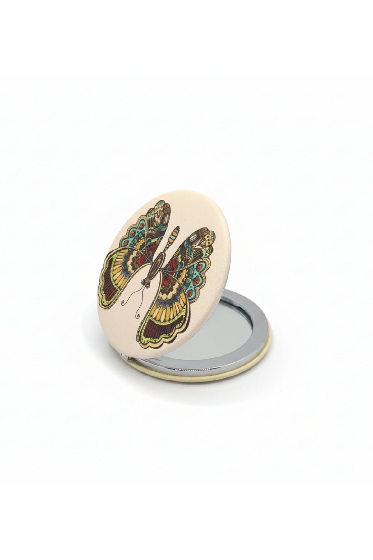 Kelebek Desenli 6x6 Cm Yuvarlak Kapaklı Taşınabilir Cep Makyaj Aynası - Ekru - 1