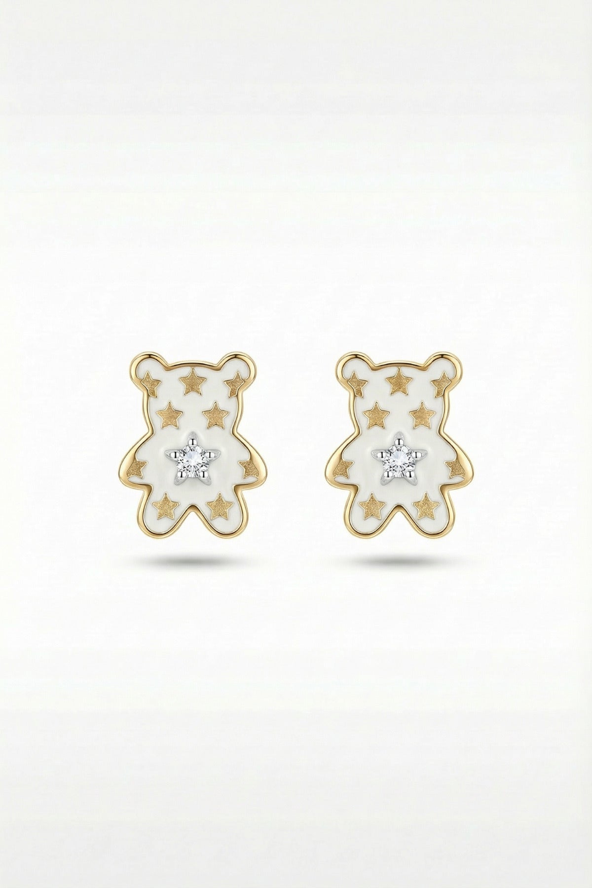 925 Ayar Gümüş İğneli Gold Rodyum Kaplama Yıldız Desenli Zeminli Zirkon Taşlı Teddy Bear Küpe - Altın - 2