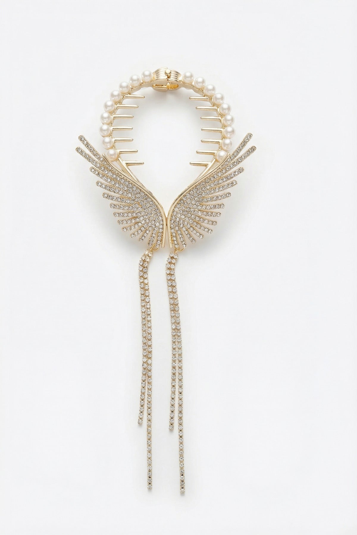 Kadın İnci Detaylı Melek Kanadı Figürlü Kristal Taşlı Sallantılı Saç Tokası - Altın - 2