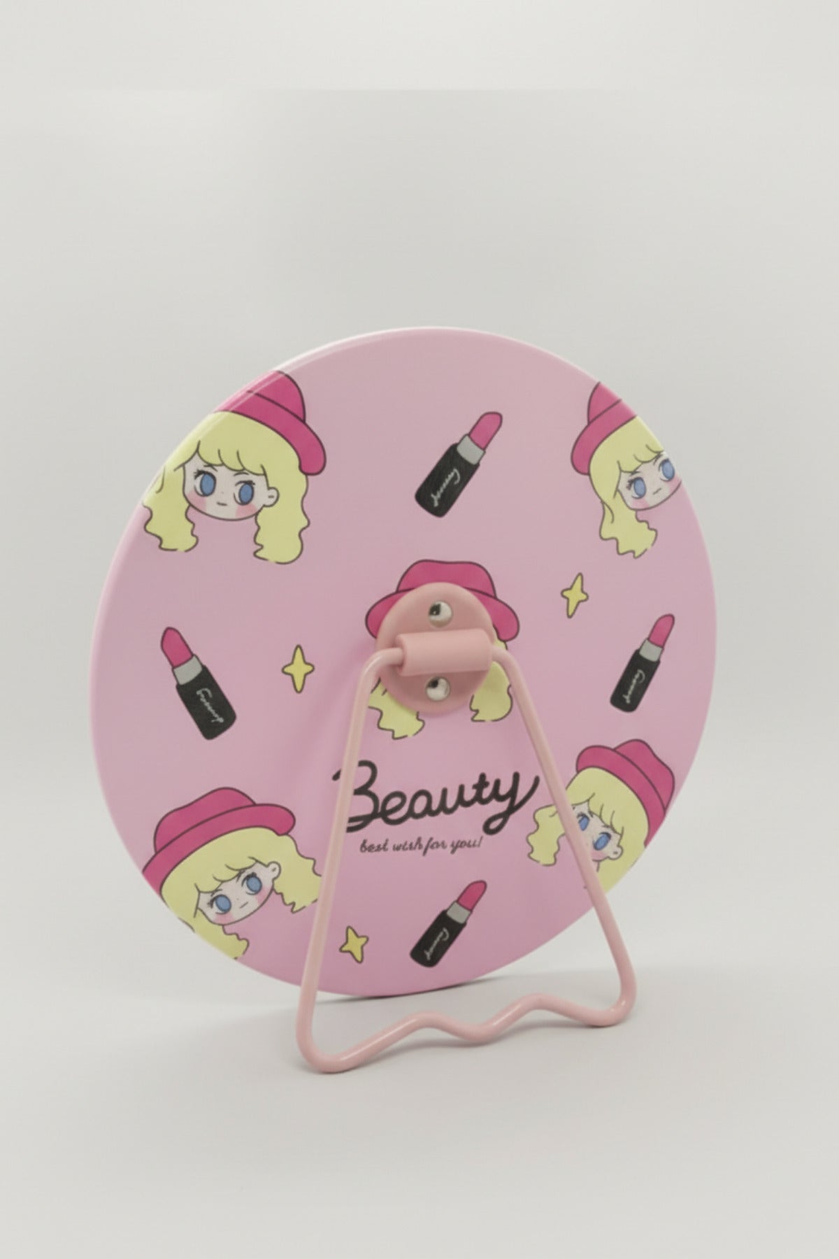 Sevimli Kız Figürlü 15x15 Cm Yuvarlak Dekoratif Taşınabilir Masa Makyaj Aynası - Pudra Pembe - 3