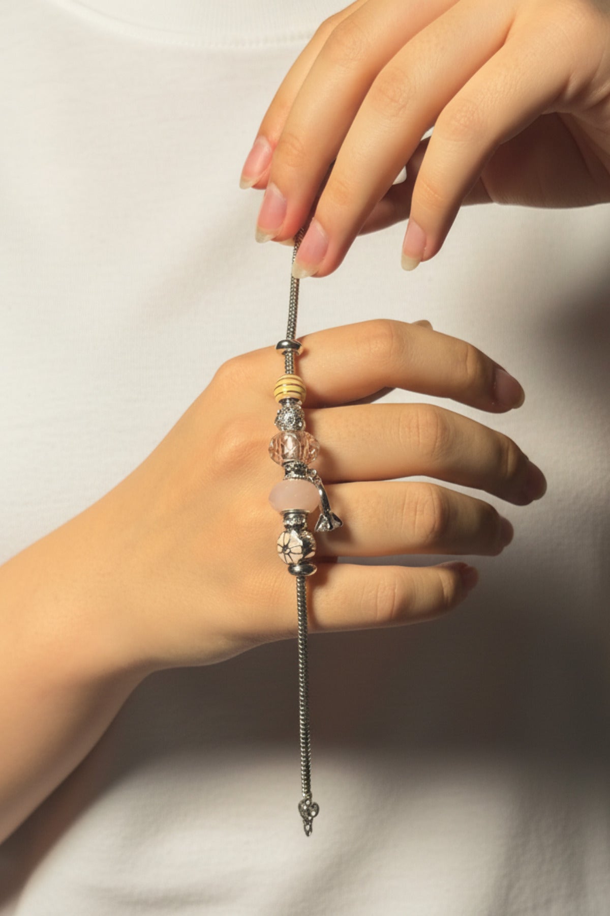 Kadın Rodyum Kaplama Çelik Charm Bileklik Pembe Taş Detaylı - Gümüş - 6