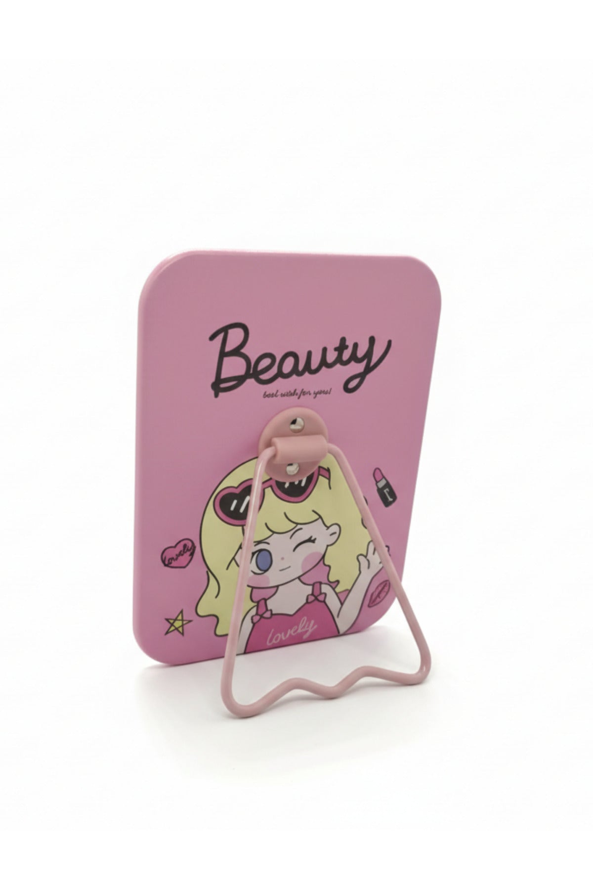 Beauty Girl Figürlü 16x12 Cm Standlı Dekoratif Taşınabilir Masa Makyaj Aynası - Pembe - 1