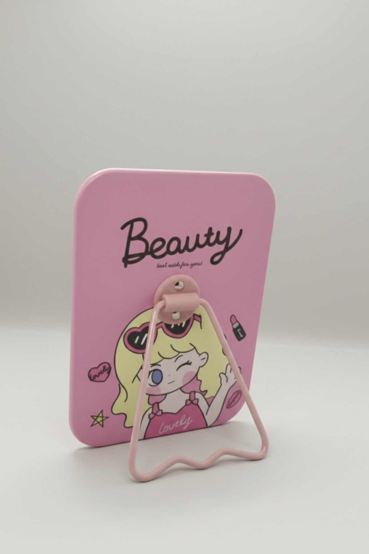 Beauty Girl Figürlü 16x12 Cm Standlı Dekoratif Taşınabilir Masa Makyaj Aynası - Pembe - 3