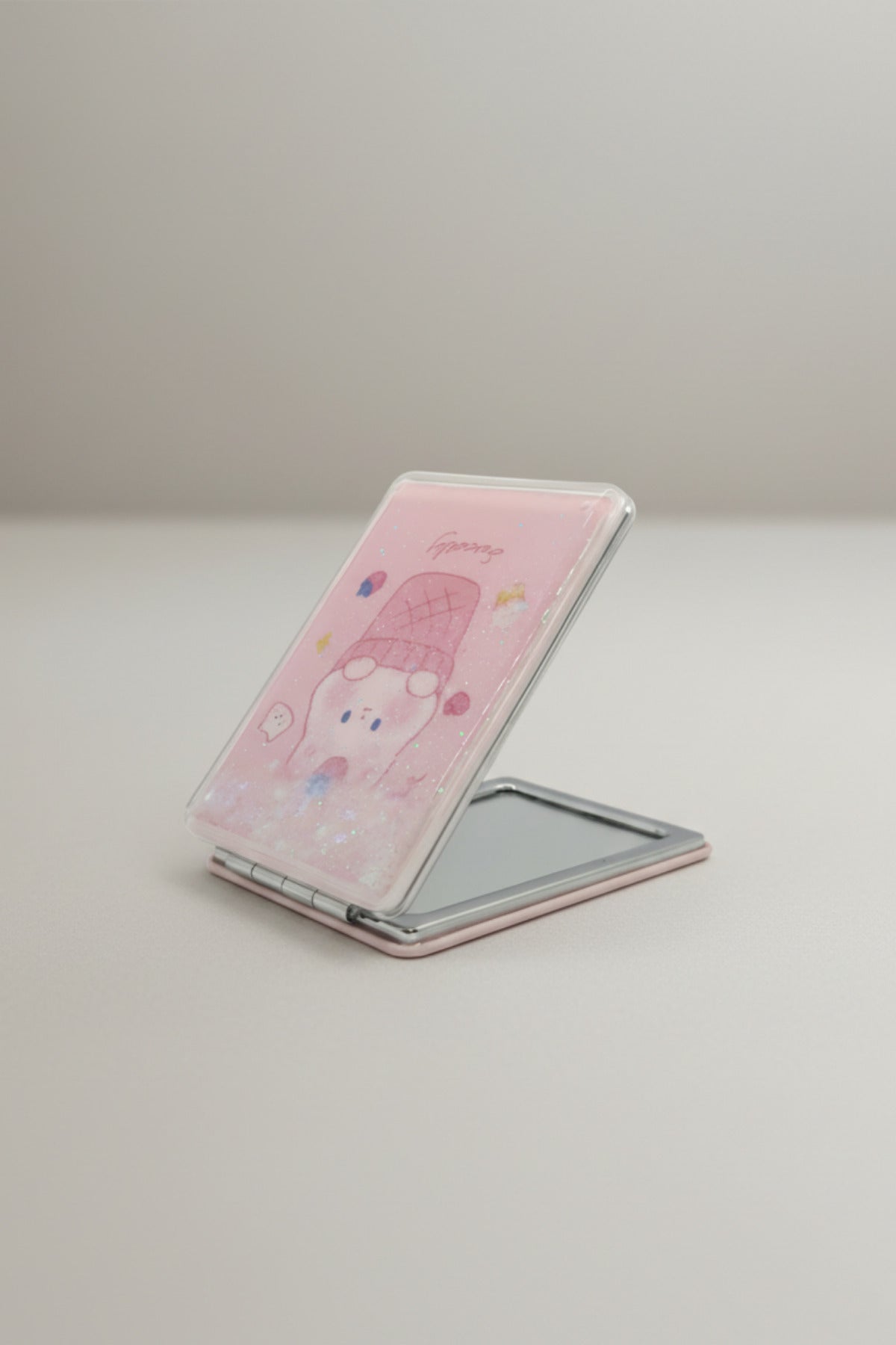 Sevimli Ayıcık Desenli 5x7 Cm Kapaklı Sulu Simli Taşınabilir Cep Makyaj Aynası - Pembe - 3
