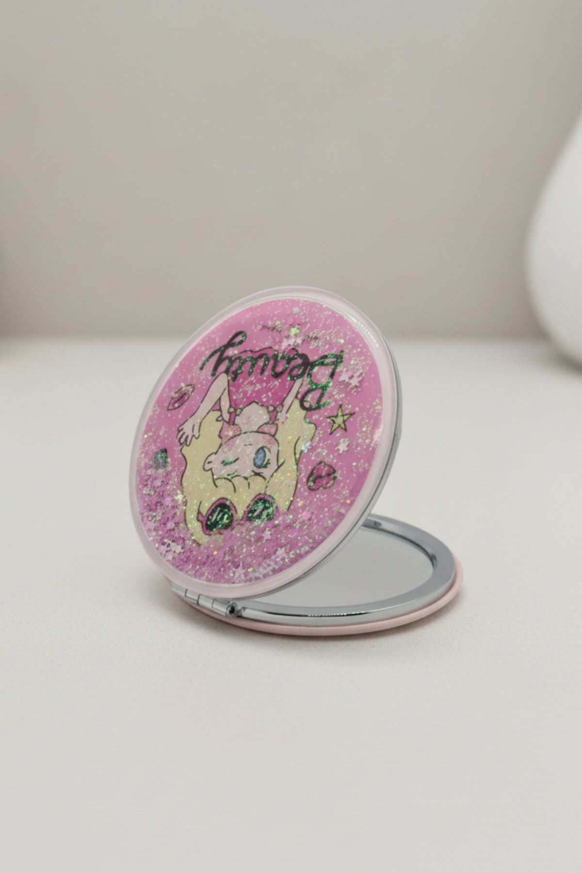 6x6 Cm Yuvarlak Kapaklı Cep Aynası Taşınabilir Makyaj Aynası - Pembe B - 3