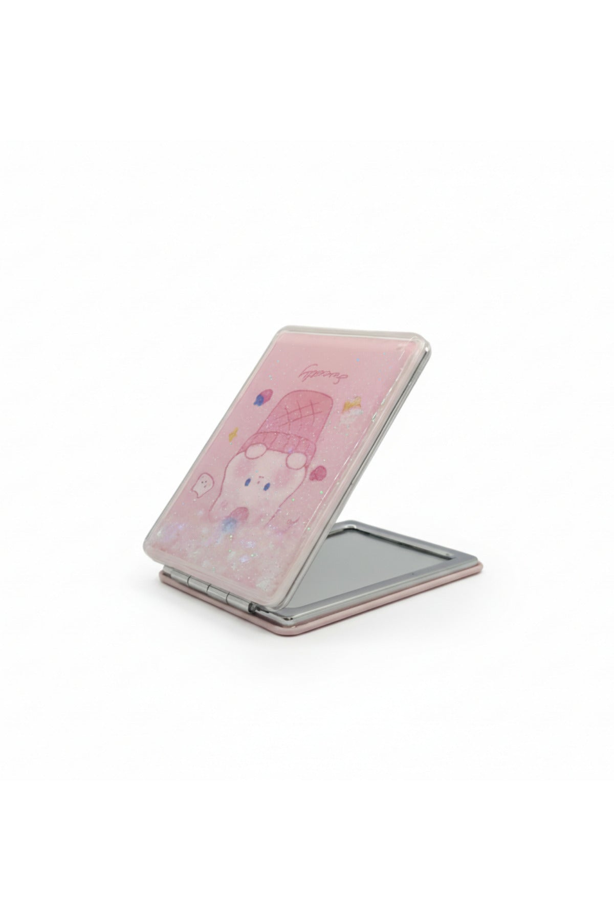Sevimli Ayıcık Desenli 5x7 Cm Kapaklı Sulu Simli Taşınabilir Cep Makyaj Aynası - Pembe - 1
