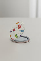 Şemsiye Desenli 6x6 Cm Yuvarlak Kapaklı Taşınabilir Cep Makyaj Aynası - Bej - 3