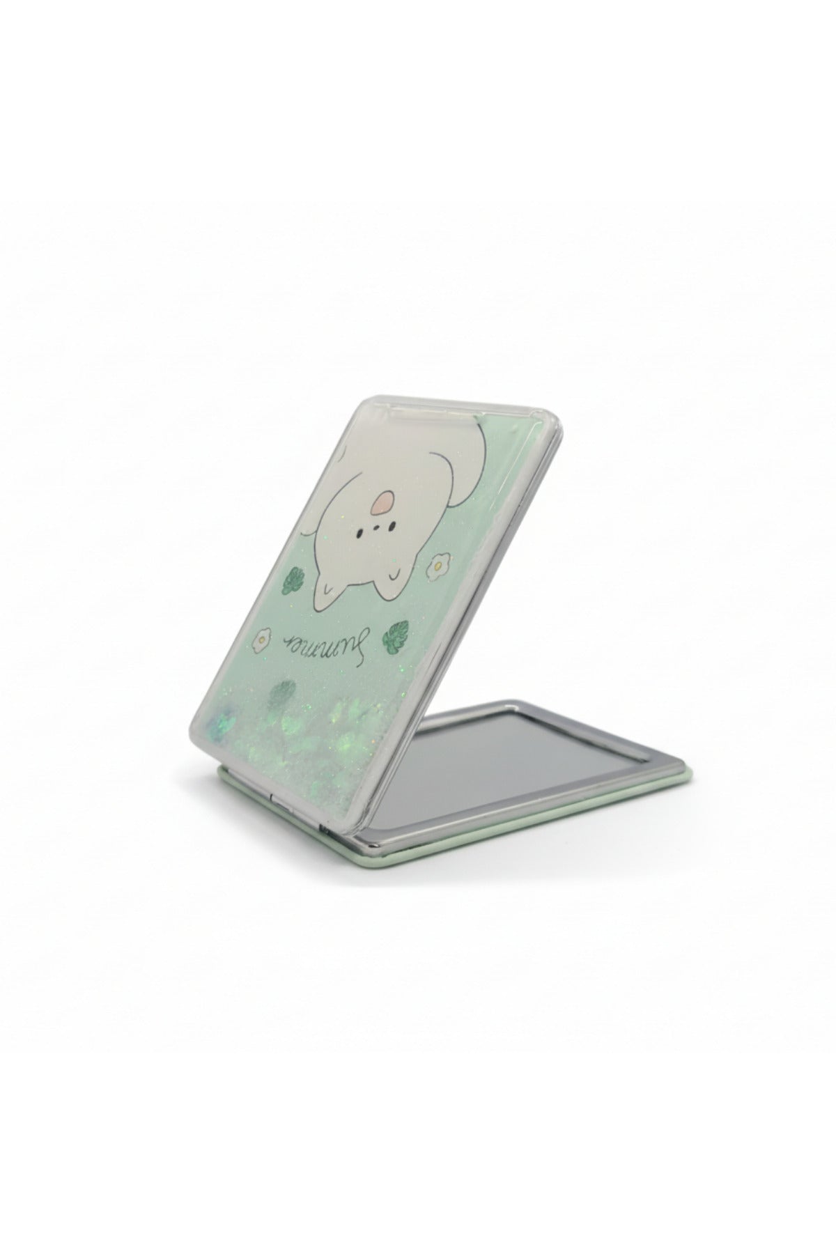 Yaprak ve Sevimli Figür Desenli 5x7 Cm Kapaklı Sulu Simli Taşınabilir Cep Makyaj Aynası - Turkuaz D - 1