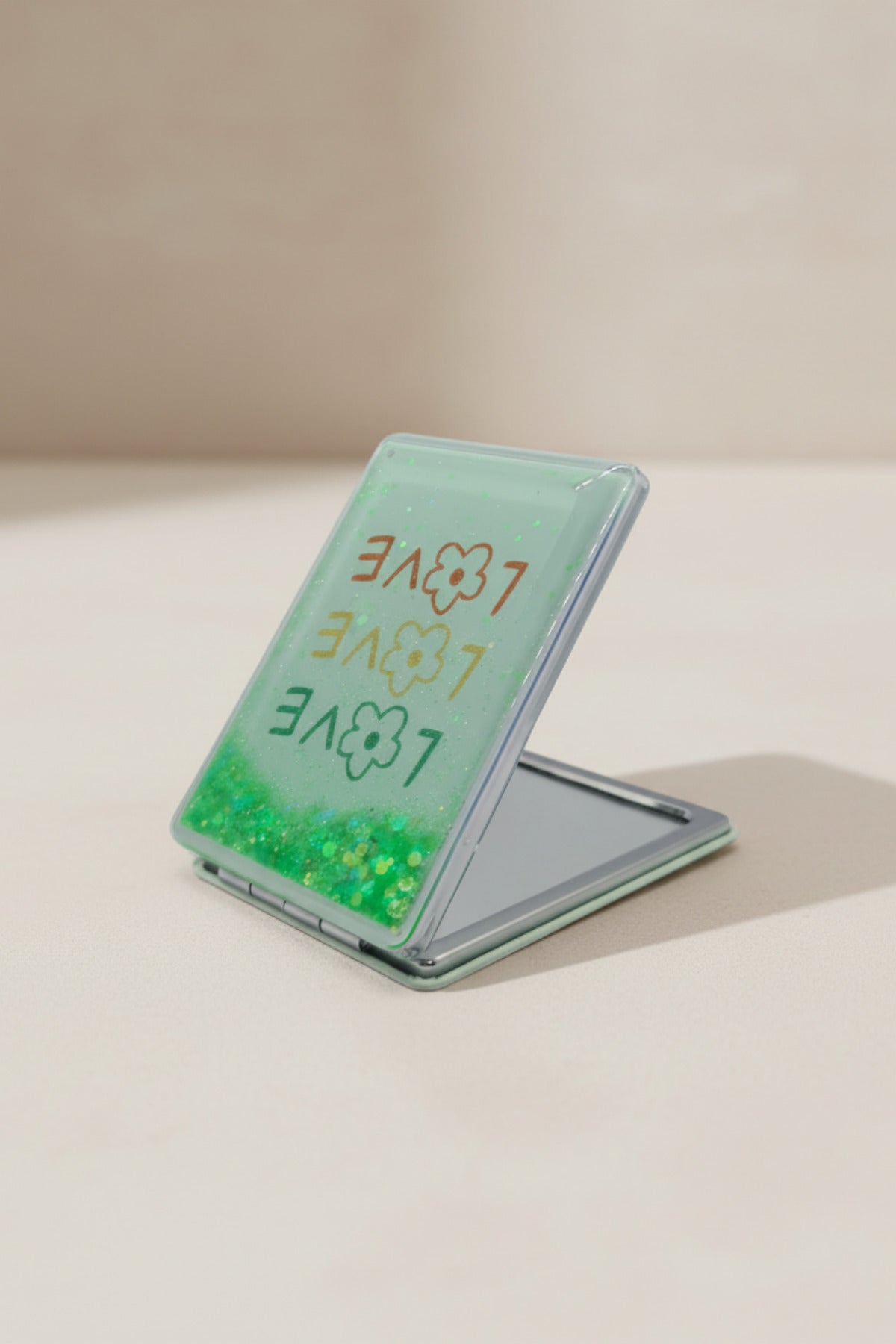 Çiçek Desenli Yazılı 5x7 Cm Kapaklı Sulu Simli Taşınabilir Cep Makyaj Aynası - Yeşil - 3